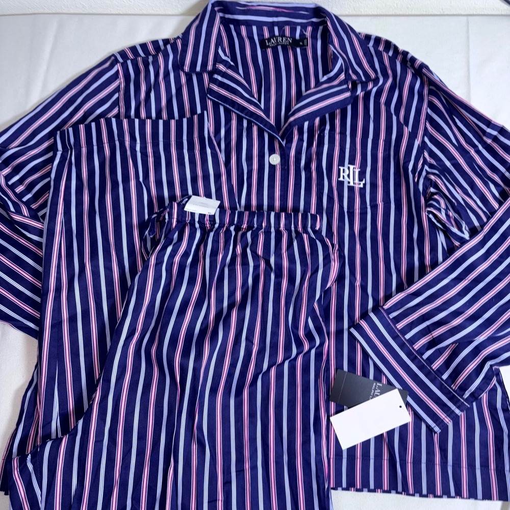 Lauren Ralph Lauren Pajama Set XL Navy Blue New Striped Cotton Viscose Monogram